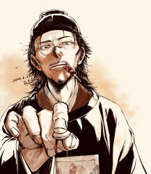 1boy beard black_hat chinese_clothes dated facial_hair hat highres holding kusuriya_no_hitorigoto lakan_(kusuriya_no_hitorigoto) male_focus mature_male monocle mouth_hold mustache playing_games sideburns skewer solo teeth_hold yoakedori914moz