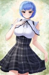 1girl alternate_costume blue_hair blue_nails blush braid breasts brown_eyes closed_mouth clothes_lift crown_braid doiparuni dress fire_emblem fire_emblem:_three_houses hand_on_own_chest highres large_breasts lifting_own_clothes long_hair looking_at_viewer marianne_von_edmund marianne_von_edmund_(timeskip) nintendo plaid_clothes plaid_dress short_hair skirt skirt_hold skirt_lift sleeveless sleeveless_dress smile