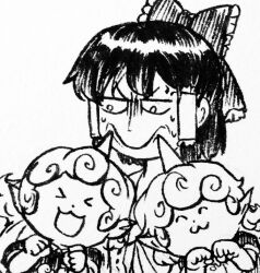&gt;_&lt; 3girls :3 ^_^ angry black_hair black_shirt boned-woo bow clenched_hands closed_eyes closed_mouth curly_hair dual_persona frilled_bow frills frown hair_bow hair_tubes hakurei_reimu happy horns komainu komainu_ears komainu_girl komano_aunn multiple_girls open_mouth paw_pose shirt single_horn touhou v-shaped_eyebrows