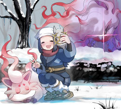 1girl 2others akari_(pokemon) angry animal_ears black_gloves blue_eyes blue_hair claws eyelashes forest gloves glowing glowing_eyes headscarf hisuian_zoroark hisuian_zorua holding holding_phone incoming_attack japanese_clothes kneeling long_hair looking_at_another multiple_others nature nintendo phone pokemon pokemon_(creature) pokemon_legends:_arceus ponytail saliva sash selfie selfie_pose sharp_teeth sidelocks sleeping smile snow squatting sweat tail teeth tree v white_headwear wide_hips yellow_eyes yukichi_(tsuknak1)