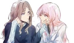 2girls bang_dream! bang_dream!_it&#039;s_mygo!!!!! blue_eyes blue_sweater bright_pupils brown_hair chihaya_anon closed_mouth collared_shirt commentary english_commentary grey_eyes highres holding_own_arm long_hair long_sleeves looking_at_another multiple_girls nagasaki_soyo niigouki pink_hair shirt simple_background smile sweater upper_body white_background white_pupils white_shirt yuri