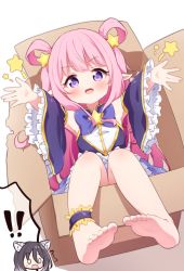 ! !! 0_0 2girls ^^^ aged_down animal_ear_fluff animal_ears barefoot black_hair black_sleeves blue_skirt blush box cardboard_box commentary_request detached_sleeves fang foreshortening frilled_skirt frilled_sleeves frills hair_between_eyes hair_ornament hair_rings hatsune_(princess_connect!) in_box in_container loli long_hair long_sleeves lying multiple_girls on_back open_mouth pink_hair pointy_ears princess_connect! purple_eyes setmen shiori_(princess_connect!) simple_background skirt soles spoken_exclamation_mark star_(symbol) star_hair_ornament tiger_ears v-shaped_eyebrows very_long_hair white_background wide_sleeves