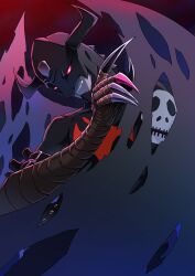 Rule 34 | 1boy, absurdres, black bodysuit, black wings, bodysuit, demon wings, devimon, digimon, digimon (creature), fang, hasegawa (hase popopo), highres, horns, male focus, red eyes, smirk, solo, torn wings, upper body, wings