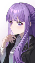 1girl absurdres black_jacket chinese_commentary chromatic_aberration commentary english_commentary fern_(sousou_no_frieren) gradient_background grey_background hand_up harutatsunoki highres jacket light_smile long_sleeves looking_at_viewer mixed-language_commentary open_clothes open_jacket parted_lips profile purple_eyes purple_hair ribbed_shirt shirt solo sousou_no_frieren upper_body white_background white_shirt