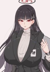 1girl absurdres black_hair black_shirt breasts hair_ornament halo highres large_breasts long_hair multicolored_halo name_tag non-web_source rio_(blue_archive) shirt sweater turtleneck turtleneck_sweater two-tone_halo u_na_765