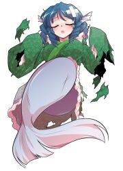 1girl alphes_(style) blue_hair blush breasts closed_eyes commentary_request crying dairi defeat drill_hair fins frilled_kimono frills full_body green_kimono hands_up head_fins japanese_clothes kimono large_breasts large_variant_set mermaid monster_girl open_mouth parody solo style_parody tears torn_clothes touhou transparent_background variant_set wakasagihime wide_sleeves