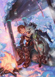 2boys beak bird_boy blonde_hair blue_eyes borrowed_clothes campfire cloak drooling fire food furry furry_male highres leaning_on_person link multiple_boys nijimaarc nintendo pointy_ears rito saliva sleeping sleeping_on_person snow snowflakes snowquill_set_(zelda) spoon talons the_legend_of_zelda the_legend_of_zelda:_tears_of_the_kingdom tree tulin_(zelda) winged_arms wings