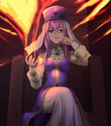 1girl breasts dress eremiya_(fire_emblem) fire_emblem fire_emblem:_new_mystery_of_the_emblem hat long_hair long_sleeves looking_at_viewer medium_breasts nintendo open_mouth purple_dress purple_eyes purple_hair purple_hat shoochiku_bai smile solo veil white_veil