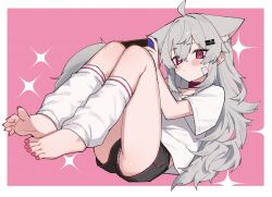 1girl absurdres ahoge animal_ears bandaid bandaid_on_cheek bandaid_on_face barefoot black_shorts blush collar expressionless feet fenrir_(fenriluuu) flat_chest foot_focus foreshortening full_body grey_hair highres leg_warmers long_hair nintendo_switch original panties panty_peek playing_games presenting_foot red_eyes rir-chan shirt short_shorts shorts solo striped_clothes striped_panties toes underwear wolf_ears wolf_girl