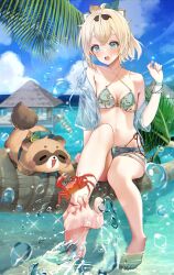 1girl absurdres aqua_eyes bare_shoulders bikini blonde_hair blue_eyes blush bracelet breasts collarbone crab criss-cross_halter criss-cross_straps denim denim_shorts green_bikini hairband halterneck highres hololive jacket jewelry kazama_iroha looking_at_viewer mamdtsubu navel ocean open_clothes open_jacket open_mouth outdoors palm_leaf palm_tree pokobee ponytail see-through_clothes see-through_jacket short_hair shorts sitting stomach swimsuit tanuki tree virtual_youtuber water
