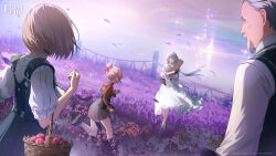 1boy 1girl 3girls absurdres black_gloves box dress gloves grey_eyes grey_hair highres holding holding_box logo long_dress long_hair looking_at_another missing_commentary multiple_girls official_art outdoors phrolova_(wuthering_waves) purple_petals white_dress wuthering_waves