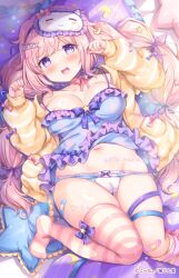 1girl :d areola_slip bandaid bandaid_on_knee bandaid_on_leg blue_dress blue_panties blue_tank_top blush bow bow_panties breasts cameltoe commentary_request dress frilled_dress frills groin hair_bow hair_ornament hairclip hands_up highres knees_together_feet_apart kouta. large_breasts long_hair long_sleeves looking_at_viewer lying midriff navel no_shoes on_back open_mouth original panties panty_pull pink_hair puffy_long_sleeves puffy_sleeves purple_eyes shirt single_thighhigh sleep_mask sleeveless sleeveless_dress sleeves_past_wrists smile solo star-shaped_pillow striped_clothes striped_thighhighs tank_top thighhighs twintails underwear very_long_hair white_panties yellow_shirt