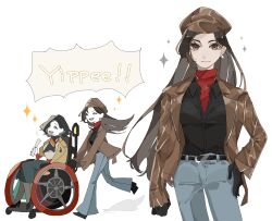black_boots black_hair black_shirt bob_cut boots brown_hair brown_jacket collared_shirt denim highres jacket jeans leather leather_jacket ms_r_r noire_(reverse:1999) pants pencil_skirt qi_xing_(reverse:1999) reverse:1999 scarf shirt skirt smile sparkle speech_bubble sweater turtleneck turtleneck_sweater walking wheelchair
