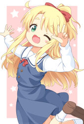 1girl ;3 ahoge blonde_hair blue_dress blush border bow bowtie brown_shoes commentary_request dress green_eyes hair_bow highres himesaka_noa loafers long_hair long_sleeves looking_at_viewer mary_janes one_eye_closed open_mouth pila-pela pinafore_dress pink_background red_bow sailor_collar school_uniform shirt shoes sleeveless sleeveless_dress smile socks solo star_(symbol) thick_eyebrows three-finger_salute watashi_ni_tenshi_ga_maiorita! white_border white_sailor_collar white_shirt white_socks