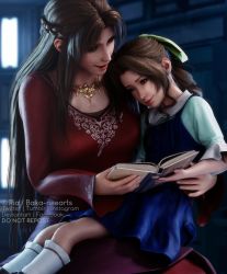 2girls 3d aerith_gainsborough aged_down blue_dress book braid breasts brown_hair child dress final_fantasy final_fantasy_vii final_fantasy_vii_remake hair_ribbon highres holding holding_book ifalna jewelry long_dress long_hair medium_breasts mother_and_daughter multiple_girls necklace parted_bangs ponytail puffy_short_sleeves puffy_sleeves reading red_dress ria-neearts ribbon shinra_hq short_sleeves sidelocks sitting sitting_on_lap sitting_on_person square_enix wide_sleeves yellow_ribbon