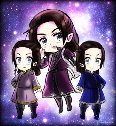 3boys artist_name belt black_hair blue_eyes boots brothers chibi cinemairon closed_mouth elf elrond elros full_body looking_at_viewer maglor male_focus medium_hair multiple_boys open_mouth pointy_ears prince robe siblings step-parent_and_step-child the_silmarillion tolkien&#039;s_legendarium twins