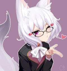 1girl animal_ear_fluff animal_ears black_jacket blowing_kiss bow bowtie chenki_(chenki) fox_ears fox_girl fox_tail glasses gradient_tail hair_ornament heart highres jacket one_eye_closed phase_connect purple_background purple_eyes signature solo tail tenma_maemi tenma_maemi_(2nd_costume) upper_body virtual_youtuber white_bow white_bowtie white_hair