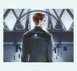 1boy armor blue_armor blue_border border brown_eyes brown_hair character_name collared_jacket commentary connor_(detroit) dated detroit:_become_human door english_commentary from_behind glitch grey_jacket high_collar indoors jacket long_sleeves looking_to_the_side male_focus sbgpand short_hair solo uniform upper_body