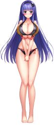 1girl absurdres barefoot bikini black_bikini black_hairband blue_eyes blue_hair blunt_bangs blush breasts breasts_squeezed_together cat_hair_ornament cleavage closed_mouth derauea full_body game_cg hair_ornament hairband hands_on_lap highres hime_cut huge_breasts long_hair looking_at_viewer milk_factory motto!_haramase!_honoo_no_oppai_chou_ero_appli_gakuen! navel non-web_source own_hands_together saionji_nanako shiny_skin sidelocks smile solo sprite standing swimsuit tachi-e transparent_background