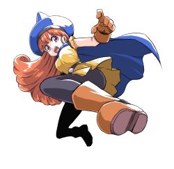 1girl alena_(dq4) black_leggings blue_cape blue_hat blunt_bangs boots breasts cape commentary_request curly_hair dragon_quest dragon_quest_iv earrings floating_clothes floating_hair gloves hat highres ikaringo_(ikaringo4444) incoming_attack incoming_kick jewelry leggings looking_to_the_side medium_breasts open_mouth orange_boots orange_gloves orange_hair pink_eyes solo sphere_earrings tunic white_background yellow_tunic
