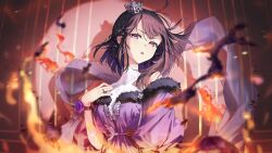 1girl absurdres brown_eyes brown_hair crown dress fire floating_hair fur-trimmed_dress fur_trim hand_on_own_chest highres hiren_(utahime_dream) medium_hair mini_crown off-shoulder_dress off_shoulder official_art parted_lips portrait purple_nails second-party_source shirt solo spotlight tiv turning_head turtleneck turtleneck_shirt utahime_dream