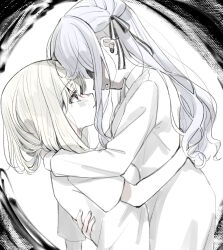 2girls arm_around_neck bang_dream! bang_dream!_it&#039;s_mygo!!!!! black_ribbon blonde_hair bob_cut braid breasts ccc_cloudy closed_mouth commentary_request couple expressionless face-to-face hair_ribbon hand_on_another&#039;s_back highres hug light_blush limited_palette long_hair long_sidelocks looking_at_another medium_breasts misumi_uika multiple_girls parted_lips ribbon shaded_face shirt short_hair short_sleeves sidelocks simple_background t-shirt togawa_sakiko variant_set vignetting white_background yuri