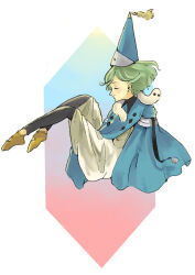 1girl black_pants blue_cloak blush brushbuddy cloak closed_eyes closed_mouth coco_(tongari_boushi_no_atelier) dress full_body green_hair hat pants shoes short_hair simple_background smile tongari_boushi_no_atelier user_dgkw2825 white_background white_dress witch witch_hat yellow_shoes