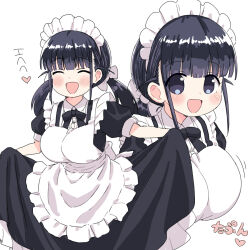 1girl ^_^ apron black_hair black_ribbon blunt_bangs blush breasts closed_eyes clothes_lift cowboy_shot happy heart highres large_breasts lifting_own_clothes long_hair looking_at_viewer low_twintails maid maid_(naitou_kouse) maid_apron maid_headdress motion_lines naitou_kouse open_mouth original ribbon simple_background skirt skirt_lift smile standing twintails upper_body white_background