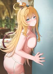 1girl absurdres against_wall ahoge ass blue_eyes blush breasts chef_hat closed_mouth commentary escoffier_(genshin_impact) fingernails from_side genshin_impact hat heart heart_in_eye highres indoors large_breasts light_frown long_hair looking_at_viewer looking_to_the_side solo su_su_su symbol_in_eye thighhighs topless_female very_long_hair white_hat white_thighhighs