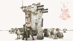 Rule 34 | 1girl, absurdres, animal, bare shoulders, black boots, boots, closed mouth, collarbone, commentary request, headphones, highres, looking at viewer, mecha, ne baozi, orange eyes, orange hair, original, robot, rocket launcher, rpg, rpg-7, rpg (weapon), short hair, simple background, solo, tetris, walker (robot), watermark, weapon, weibo watermark