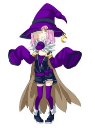 1girl alchemist_(ragnarok_online) black_boots black_dress boots brown_cape cape commentary_request crescent crescent_hat_ornament detached_sleeves dress full_body fur_collar grin hat hat_ornament hat_over_one_eye highres looking_at_viewer meiko_(nattu303) orange_eyes pink_hair purple_hat purple_sleeves purple_thighhighs ragnarok_online short_hair simple_background sleeveless sleeveless_dress sleeves_past_fingers sleeves_past_wrists smile solo standing thighhighs white_background witch_hat