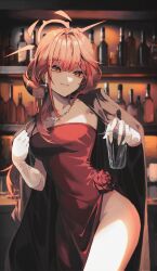 1girl 46_coffee aru_(blue_archive) aru_(dress)_(blue_archive) bar_(place) black_jacket blue_archive blunt_bangs blurry blurry_background bottle breasts cleavage commentary covered_navel cowboy_shot cup demon_girl demon_horns dress dress_flower earrings eyelashes eyeshadow film_grain flower glass glint gloves hair_intakes halo hands_up highres hip_vent holding holding_cup horns indoors jacket jacket_on_shoulders jewelry large_breasts long_hair looking_at_viewer makeup necklace no_bra no_panties official_alternate_costume parted_lips pink_eyes pink_hair pink_halo red_dress red_flower red_rose rose sidelocks sleeveless sleeveless_dress smile solo white_gloves