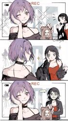Rule 34 | ..., 2girls, :3, bang dream!, bang dream! it&#039;s mygo!!!!!, battery indicator, beauty mask, black choker, black hair, black jacket, blue eyes, breasts, camisole, choker, cleavage, cobayya, commentary, grey shirt, hashtag-only commentary, highres, jacket, multiple girls, off-shoulder shirt, off shoulder, pink eyes, purple hair, recording, red camisole, shirt, short hair, sparkle, spoken ellipsis, yahata umiri, yuutenji nyamu