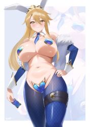 1girl absurdres ahoge animal_ears artoria_pendragon_(fate) artoria_pendragon_(swimsuit_ruler)_(fate) bare_shoulders blonde_hair blue_pantyhose blush breasts card crotchless crotchless_pantyhose detached_collar detached_sleeves fate/grand_order fate_(series) feather_boa gold_trim green_eyes hair_between_eyes heart_maebari heart_pasties highres kurozawa_yui large_breasts leotard long_hair looking_at_viewer maebari meme_attire navel necktie pantyhose pasties playboy_bunny playing_card ponytail rabbit_ears reverse_bunnysuit reverse_outfit sidelocks solo thigh_strap thighs tiara wrist_cuffs