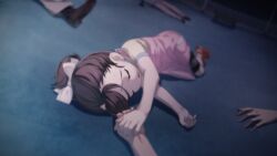 1boy 1girl 3others aged_down bike_shorts blurry blurry_background bow brown_hair child closed_eyes depth_of_field dress dutch_angle fainted fukuda_tomonori game_cg hair_between_eyes hair_bow highres holding_hands lying mary_janes multiple_others non-web_source official_art on_ship on_side open_mouth pinafore_dress pov pov_hands red_shoes robotics;notes senomiya_akiho shirt shoes short_sleeves sleeveless sleeveless_dress tongue white_bow yashio_kaito yellow_shirt
