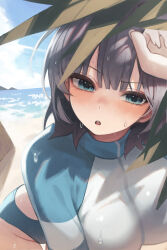 1girl absurdres aqua_eyes bikini bikini_bottom_only blue_archive blue_bikini blue_hair blue_jacket blue_sky blush breasts close-up commentary_request day fingernails gi_myeong_02 highres jacket large_breasts looking_at_viewer mountainous_horizon multicolored_jacket ocean official_alternate_costume open_mouth raglan_sleeves rash_guard saki_(blue_archive) saki_(swimsuit)_(blue_archive) short_hair sky solo swimsuit white_jacket