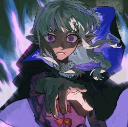 1boy absurdres androgynous aura black_cloak bow cloak constricted_pupils crazy_eyes dark-skinned_male dark_aura dark_elf dark_skin dungeon_meshi elf fingernails highres hood hood_down hooded_cloak long_hair long_sleeves looking_at_viewer male_focus mismatched_irises mismatched_pupils neck_ruff parted_lips pointy_ears purple_eyes purple_tunic reaching reaching_towards_viewer red_bow red_pupils shaded_face short_bangs sidelocks smile smirk solo thistle_(dungeon_meshi) tunic upper_body white_hair xinjinjumin_0034310