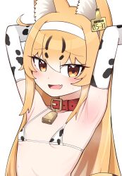 1girl absurdres alternate_costume animal_ear_fluff animal_ears animal_print armpits arms_up bell bikini blonde_hair blush brown_eyes cat_ears cat_girl collar cow_print cow_print_bikini cowbell ear_tag fang flat_chest gloves hair_tattoo hairband highres kenken_(keuken) long_hair micro_bikini multicolored_hair multicolored_tail neck_bell original print_bikini print_gloves serika_(kenken) side_ahoge skin_fang solo swimsuit tail white_hairband