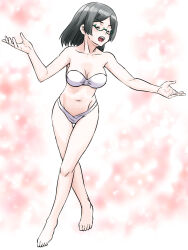 Rule 34 | 1girl, barefoot, bikini, black hair, breasts, cleavage, closed eyes, crossed legs, full body, glasses, highres, kantai collection, kirishima (kancolle), leaning forward, medium breasts, nekotarou (nktr299), open mouth, short hair, solo, standing, strapless, strapless bikini, swimsuit