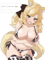 1girl absurdres alternate_costume animal_ear_fluff animal_ears animal_print arknights bikini blonde_hair blue_eyes blush breasts bright_pupils cleavage commentary_request cow_print cow_print_bikini cow_print_thighhighs cowboy_shot crossed_arms embarrassed fang highres inset large_breasts looking_at_viewer medium_hair midori10 navel open_mouth print_bikini print_thighhighs request_inset side-tie_bikini_bottom solo standing sweatdrop swimsuit tail thighhighs translation_request wavy_mouth whislash_(arknights) white_background white_pupils yellow_tail