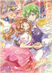 1boy 1girl :d arm_up beautifly black_shirt blue_eyes blush brooch brown_hair choker commission dancing dress drew_(pokemon) english_text gem gen_3_pokemon green_eyes green_hair hair_ornament highres holding_hands indoors jacket jewelry long_hair long_sleeves looking_at_another looking_at_viewer may_(pokemon) nintendo open_clothes open_jacket open_mouth pants pink_dress pokemon pokemon_(anime) pokemon_rse_(anime) pom_pom_(clothes) pom_pom_hair_ornament puffy_short_sleeves puffy_sleeves purple_gemstone red_choker shirt short_hair short_sleeves smile sparkle suzuki_(2red_moon3) twintails white_jacket white_pants