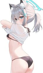 1girl absurdres alternate_costume animal_ear_fluff animal_ears ass bikini black_bikini blue_archive blue_eyes blue_halo blush breasts closed_mouth clothes_lift commentary_request cross cross_hair_ornament fanteam from_side grey_hair hair_ornament halo halterneck highres inverted_cross lifting_own_clothes looking_at_viewer medium_breasts ponytail shiroko_(blue_archive) shirt shirt_lift short_hair short_ponytail short_sleeves simple_background solo swimsuit undressing wet white_background white_shirt wolf_ears wolf_girl