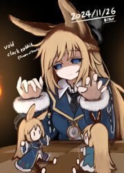 1girl 2024 alice_(grimms_echoes) animal_ears black_hat black_necktie black_sclera blonde_hair blue_coat blue_eyes braid breasts clock_pendant coat colored_sclera dated doll grimms_echoes hat highres long_hair looking_down necktie puppeteering rabbit_ears shaded_face sitting solo stuffed_toy table top_hat touko_olivia upper_body void_white_rabbit_(grimms_echoes) white_rabbit_(grimms_echoes)