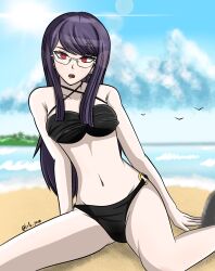 1girl beach bikini bird black_bikini blue_sky collarbone earrings female_focus glasses jewelry kris_pawz legs legs_apart long_hair looking_at_viewer navel open_mouth outdoors purple_eyes purple_hair red_eyes sand shizuhara_hiruko simple_bird sitting sky solo solo_focus spread_legs swimsuit teeth the_hundred_line_-last_defense_academy- water