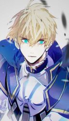 Rule 34 | 1boy, aqua eyes, armor, arthur pendragon (fate), belt, belt buckle, blonde hair, blue cape, breastplate, brown belt, buckle, cape, closed mouth, cowboy shot, crossed bangs, eyelashes, fate/prototype, fate (series), gauntlets, hair between eyes, high collar, looking at viewer, male focus, popped collar, short hair, solo, tsukimura noe, upper body, white background