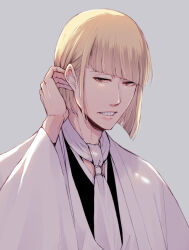 1boy bleach blonde_hair blunt_bangs blunt_ends bob_cut brown_eyes hair_behind_ear haori hirako_shinji japanese_clothes long_sleeves looking_at_viewer male_focus short_hair simple_background solo teeth white_haori yuzuriha_(no_yzrh)