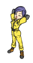 Rule 34 | 1girl, ;d, arms behind head, breasts, bulma, dragon ball, dragon ball super, dragon ball super super hero, earrings, fenyon, from above, grey shirt, jewelry, jumpsuit, looking to the side, looking up, medium breasts, one eye closed, open mouth, orange shoes, purple eyes, purple hair, red lips, shirt, shoes, short hair, smile, solo, stud earrings, velcro footwear, white background, yellow jumpsuit