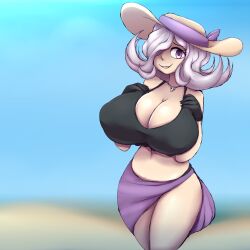 1girl bikini breasts cleavage danganronpa_(series) danganronpa_3_(anime) female_focus gloves hair_over_one_eye hat highres huge_breasts jewelry kimura_seiko looking_at_viewer matching_hair/eyes medium_hair metachoke navel necklace purple_eyes purple_hair skull_necklace solo swimsuit