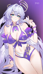 1girl absurdres adapted_costume bikini breasts evzeva green_eyes grey_background grey_hair halo highres honkai:_star_rail honkai_(series) large_breasts linea_alba long_hair looking_at_viewer nail_polish purple_background purple_bikini purple_nails robin_(honkai:_star_rail) simple_background smile solo swimsuit teeth v