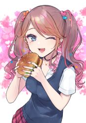 Rule 34 | 1girl, ;d, blue eyes, blush, breasts, brown hair, burger, collared shirt, commentary request, commission, dress shirt, ear piercing, earrings, food, gucchiann, hair ornament, hanamachi nachi, hands up, heart, heart background, heart earrings, heart hair ornament, heart necklace, highres, holding, holding food, indie virtual youtuber, jewelry, long hair, looking at viewer, medium breasts, multicolored hair, nail polish, necklace, one eye closed, open mouth, piercing, pink hair, pink nails, plaid clothes, plaid skirt, pleated skirt, red skirt, ring, school uniform, shirt, short sleeves, skirt, smile, solo, streaked hair, sweater vest, swept bangs, twintails, virtual youtuber, white shirt